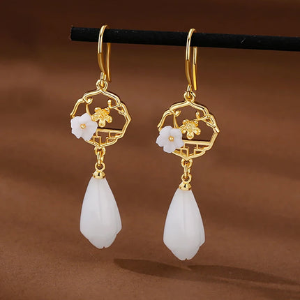 PANJBJ 925 Sterling Silver Jade Drop Earring for Women Zircon Round  Classic Grace Ethnic Jewelry Anniversary Gift Dropshipping
