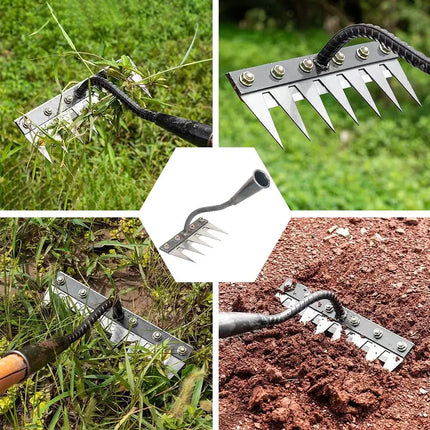 Stainless Steel Weeding Rake Tool For Efficient Garden Weed Removal Multi-Tine Weed Puller Tool For Labor-Saving Weeding