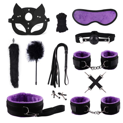 Adult Erotic Nylon Bondage BDSM Kit with Handcuffs Sex Whip Mouth Gag Soft Fox Tail Anal Plug for Women Sexy Games