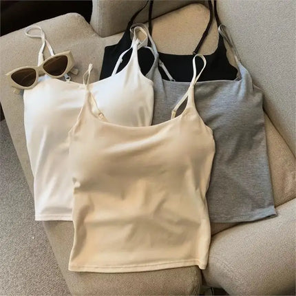 New Women's Slim Fit Tank Top Pure Color Summer Outerwear with Chest Pad Bal Base irt Sli Versatile Casual Wear