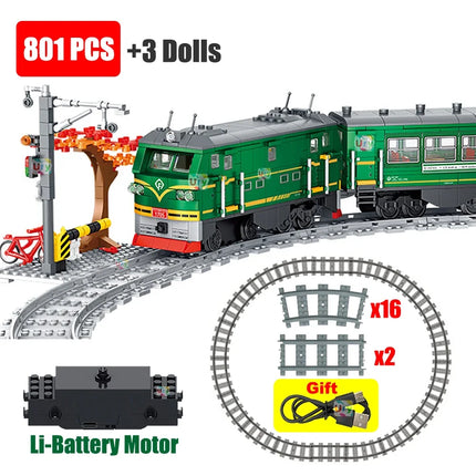 Technical Retro Green Steam Train City Car Electric Model Rechargeable Lithium Battery Motor Building Blocks Toys For Gifts