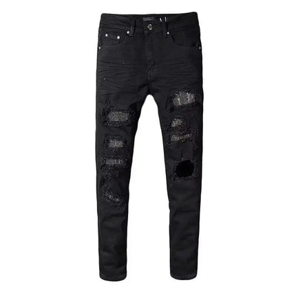 Jeans for Man Original 2025 High Street New Black Ripped Patch Jeans Men's Brand Elastic Slim-fit Small Feet Pants Skinny Jeans