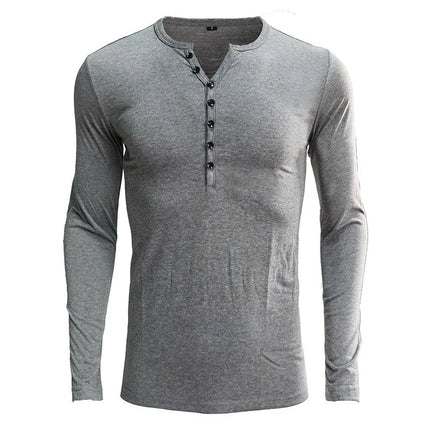 Men's Henley Collar Long Sleeve T-Shirt Solid Color Slim Fit Button Trim Casual Bottoming Shirt Trendy Tops Sizes S-2XL