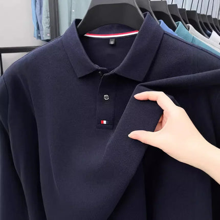Men's turn-down collar T-shirt, long-sleeved, autumn business style, 100% cotton, casual Polo shirt, men's top, Polo shirt