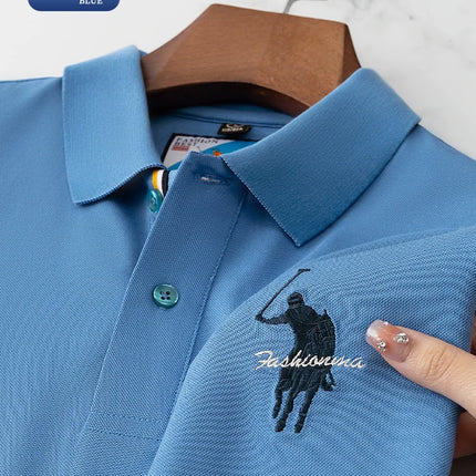 Luxury Embroidery Men's Polo Shirt Summer Thin Breathable 100%Cotton Black Navy Blue Lapel Short-Sleeved Tops Brand Clothing