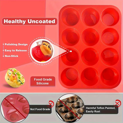 Food-Grade 12-Cavity Silicone Muffin Cake Mold, Non-Stick Cupcake Mold, High-Temperature Resistant Oven Baking Tool for Steamed Egg Pudding Meatballs