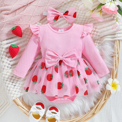 Baby girl autumn princess chiffon skirt strawberry print flying sleeves big bow design for birthday party wear