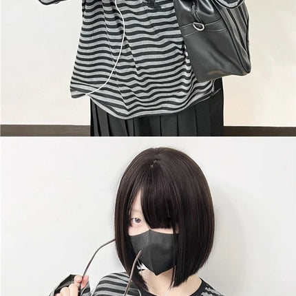 Punk Vintage O Neck Long Sleeve Shirts Striped Design Harajuku Embroidery Tops Y2k Autumn Winter Loose Casual Base Layer T-shirt