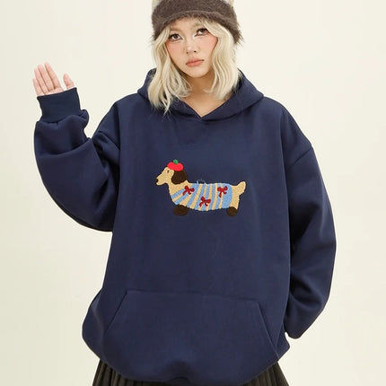 Women Sweatshirt Streetwear Couples Tops Casual Loose Hoodie Autumn Winter Cartoon Dog Embroidery Hooded Pullover