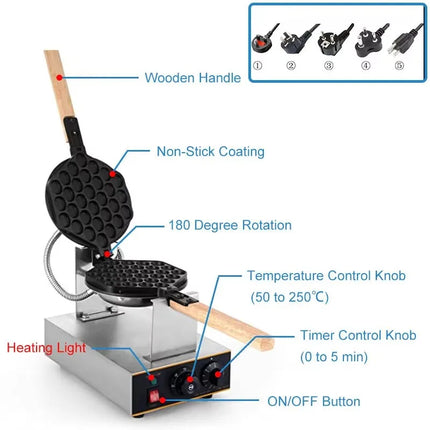 HomeWise Double-head Electric Egg Bubble Waffle Maker 1.4KW Non-Stick Snack Machine with Timing Function Egg nest size 3*2.5cm