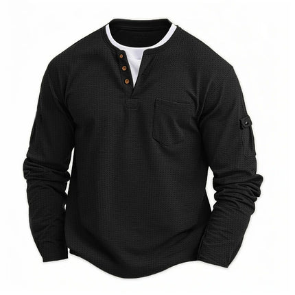 Men's New  Button Henley neck Shirt Long Sleeve Casual Button Solid color T-Shirt Fashion Waffle Cotton Fake two-piece T-Shirt