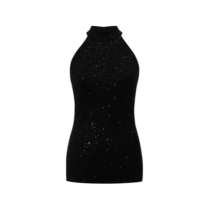 Women's Sparkly Sleeveless Top Black Halter Vest Slim Fit Casual Top Spring Summer Fashion Trendy Sexy Tank Top Music Festival