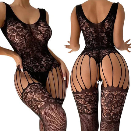 One Piece Crotchless Babydolls For Sexy Lingerie Women Long Sleeve Bodystocking Mesh Hollow Babydoll Dress Rose Erotic Underwear
