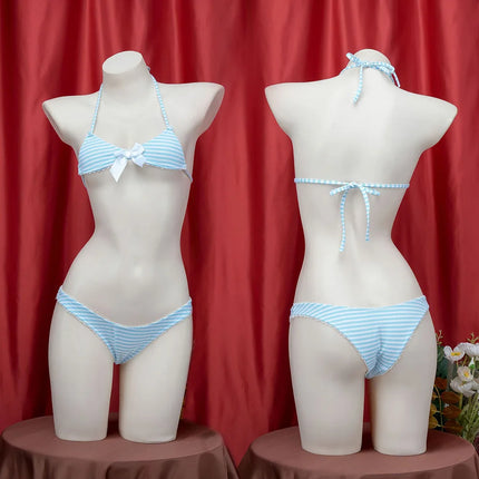 Sexy Lingerie Lolita Kawaii Blue Pink White Striped Mini Bikini Adult Cosplay Erotic Costumes Bra Women Underwear Set