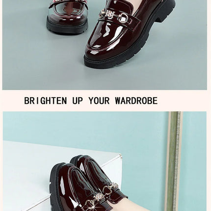 Women's Mary Jane Platform Shoes Round Head Spring New Metal Chain Casual Soft Patent Leather Slip on Loafers Office Size 35-41