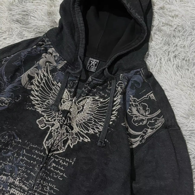 Harajuku Y2K New Fleece Thickened Goth Print Zipper Hoodie Women Street Hip Hop Joker Loose Sweatshirt Couple Casual Punk Hoodie