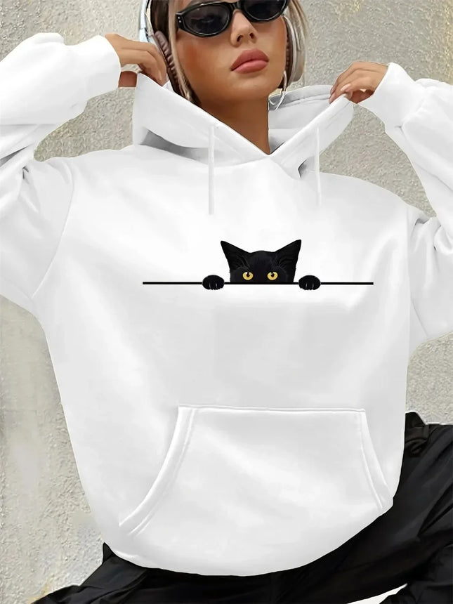 Women's Autumn and Winter Loose Casual CAT Pattern Printed Long-Sleeved Hooded Fashion Casual Sweatshirt Harajuku Unisex