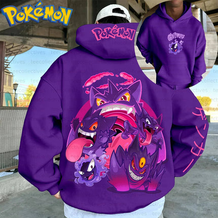 Pokemon Anime Gengar Cotton Hoodie Purple Character Print with Multiple Ghost Type Creatures Pattern Casual Streetwear