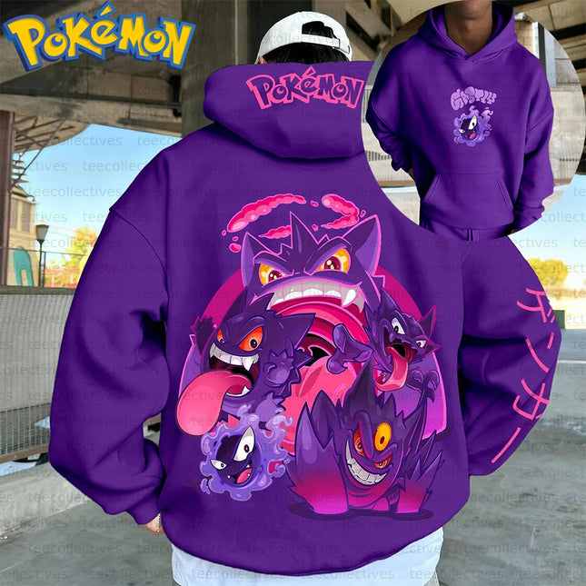 Pokemon Anime Gengar Cotton Hoodie Purple Character Print with Multiple Ghost Type Creatures Pattern Casual Streetwear