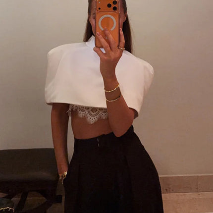 Elegant Cropped Shawl Tops Women's Short Sleeves Stand Collar Coat With Shoulder Pad 2026 New Ladies Spring Summer Solid Outwear