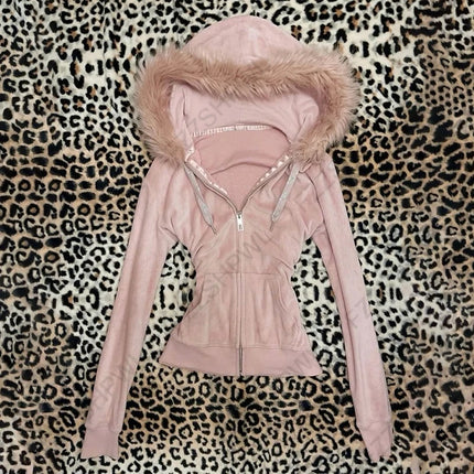 Goth Aesthetic Women Hoodie Harajuku Retro Y2K Emo Girl Fur Collar Cardigan Sweatshirt Rock Punk Hip Hop Casual Loose Streetwear