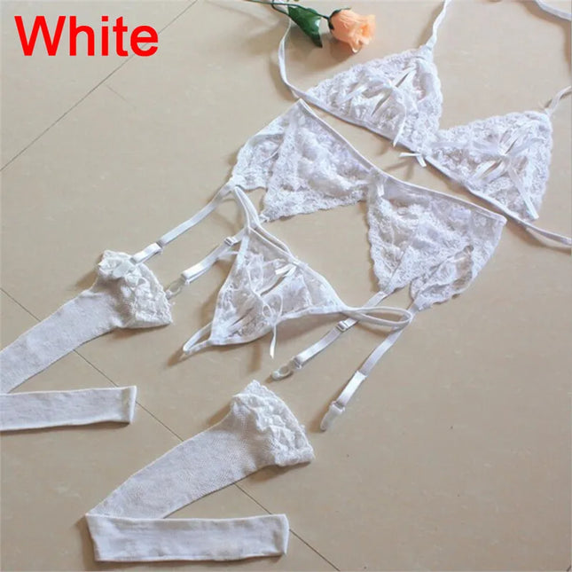 1set Women Bra Brief Sets Sexy Underwear Lace Open Crotch G-String + Bra + Net Socks + Sling Lingerie Set Cueca