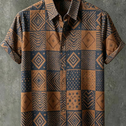 Men's Tribal Portrait Geometric Print Vacation Short Sleeved shirt, For Casual travel, Beach travel, And Ethnic Vacation Style
