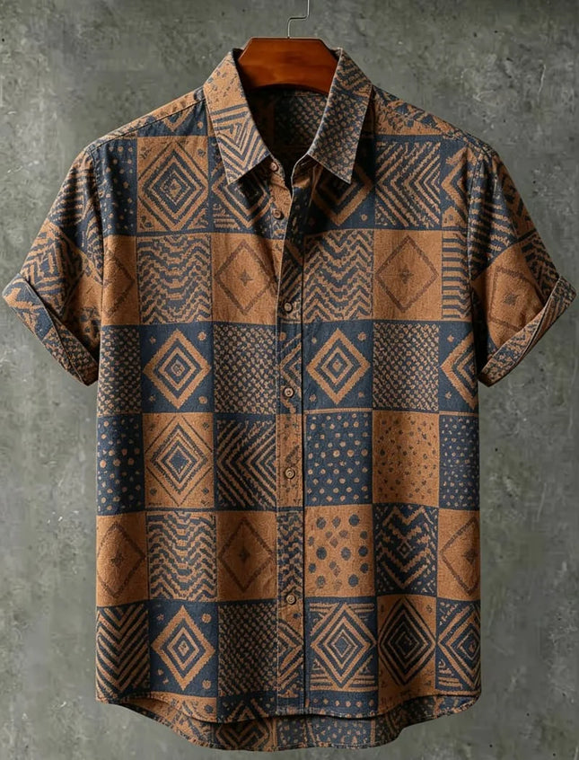 Men's Tribal Portrait Geometric Print Vacation Short Sleeved shirt, For Casual travel, Beach travel, And Ethnic Vacation Style