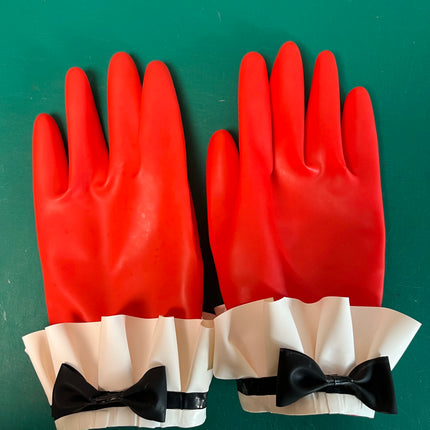 Sexy Black Fetish Latex Gloves Wrist Length with Lace and Bow