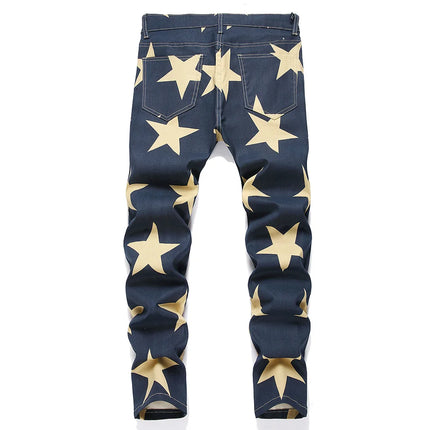 Men Stars Print Jeans Y2K Fancy Color Stretch Cotton Denim Pants Fashion Slim Straight Trousers