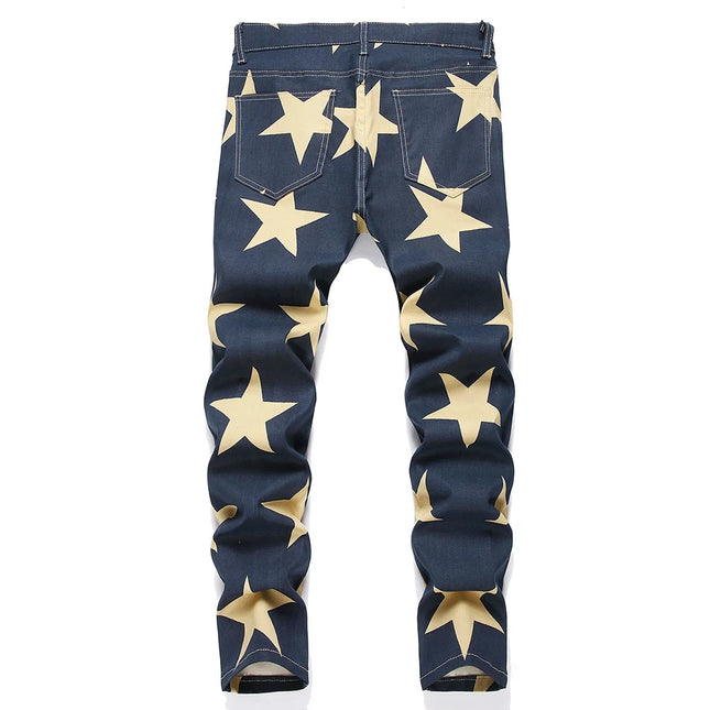 Men Stars Print Jeans Y2K Fancy Color Stretch Cotton Denim Pants Fashion Slim Straight Trousers