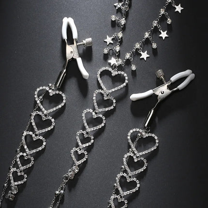 Metal Nipple Clamps with Heart-Shaped Pendant Body Chain Fashionable Women's SM Teasing Tool Breast Massage Adult Product Sex18+