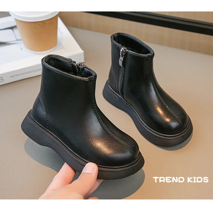 Children Fashion Boots Simple Girls Ankle Boot Black Kids Short Leather Boots Side Zipper Thick Bottom Autumn Winter 2024 New