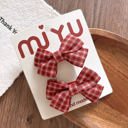 2pcs/set Red Color Korean Fashion Kids Girl Hair Clip Sweet Dot Plaid Bow Barrettes for Children Hedawear Hair Accessories