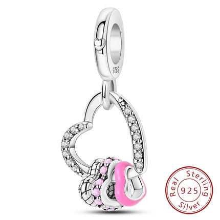 Original 925 Sterling Silver Charm Beads Love Heart Family Charms Pendant Fit Bracelet Charm Women DIY Jewelry Gift