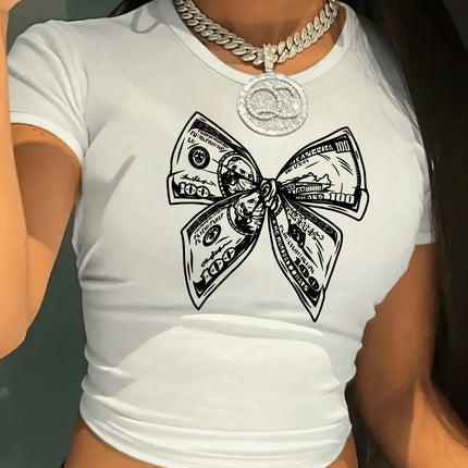 Women's Cropped T-Shirt, Money Bow Print, Casual Crew Neck Crop Top, All-Season Fashion Tee, Harajuku Aesthetic Clothes