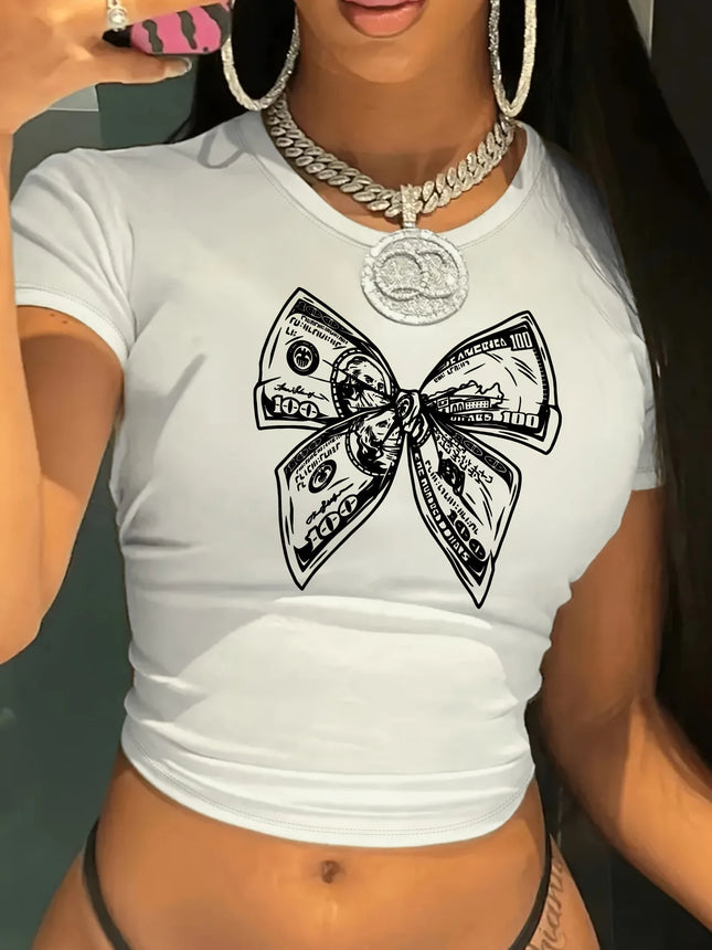 Women's Cropped T-Shirt, Money Bow Print, Casual Crew Neck Crop Top, All-Season Fashion Tee, Harajuku Aesthetic Clothes