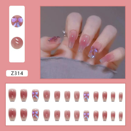Sparkling Diamond 24 Pcs Press on Nails Pink Nail polish Glossy Artificial Finger Manicure Reusable False Nails