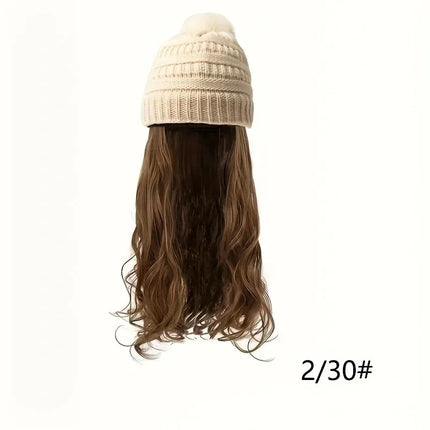 20inch Long Water Wavy Synthetic Hairpiece Beanie Hat - Woven Wigs with Knit Pom Cap and Warm Winter Design - Soft, Detachable,