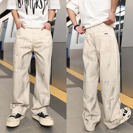 High Street Vibe Style Graffiti Off-White Jeans Men's Retro Loose Versatile Wide-Leg Floor-Length Trousers Trendy