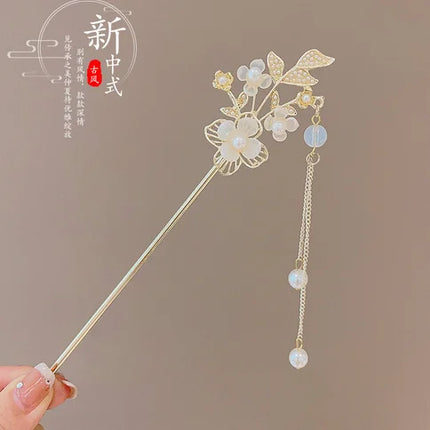 Neo Chinese Hairpin For Women Trendy Metal Flower Tassel Hair Stick Girls Daily Travel Shopping Jewelry Hair Accessories 1pc