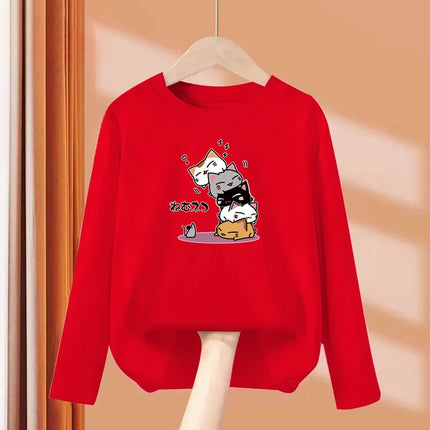 Childrens Spring Autumn T-shirt Human Pyramid Cat Cartoon Shirt Boys Girls Long Sleeved Top Cotton Clothing