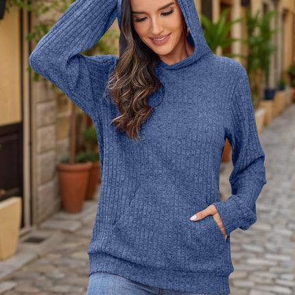 Plus size fashion women's solid color ribbed hooded casual long sleeve sweatshirt with pockets