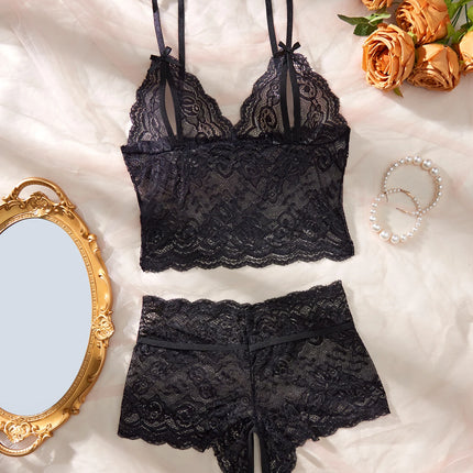 Women Black Open-Back Lace Two-Piece Panties Underwear Sleep Set