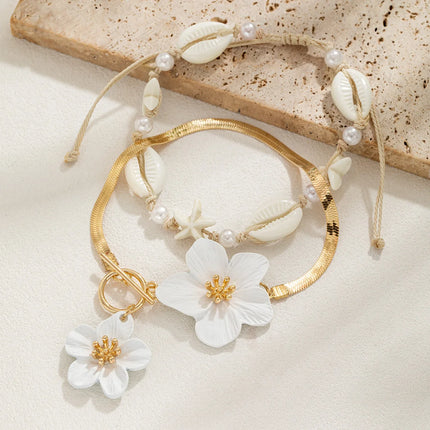 2 pieces of simple white oil drop flower snake bone chain, double-layer resin shell woven women's foot rope