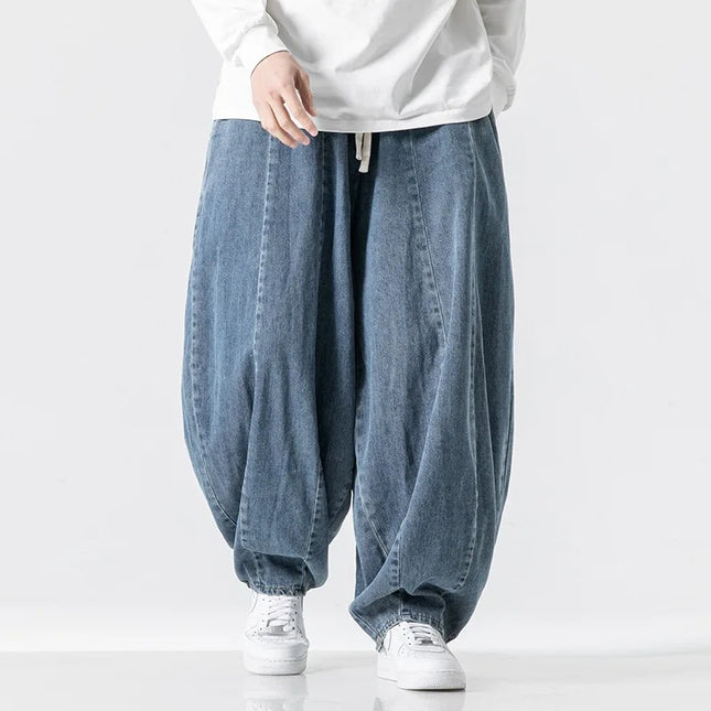 New retro loose harem pants men's hip-hop denim wide leg pants men's solid color straight leg pants jeans elastic waist pants me