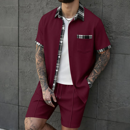 2026 New Men's 2 Piece Outfit Waffle Knit Short Sleeve Shirt & Shorts Set Casual Streetwear Tracksuit