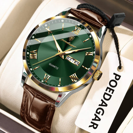 POEDAGAR Classic Luxury Men's Wristwatch Date Week Leather Business Man Watch Waterproof Luminous Fashion Quartz Watches For Men