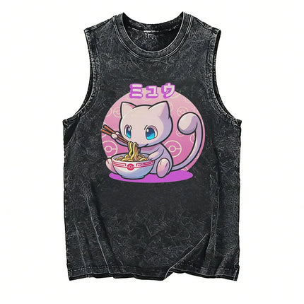 Vintage Washed Pokemon Gengar T Shirt Men Vest 2026 Summer Sleeveless Shirt Ramen Print Streetwear Loose Casual Men's Tank Top