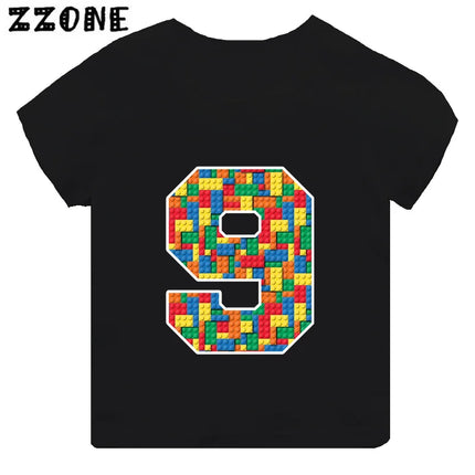 Building Blocks Bricks Number Bow Print Cartoon Boys Clothes 1 2 3 4 5 6 7 8 9 Years Birthday Kids T-shirt Baby Girls T-Shirts